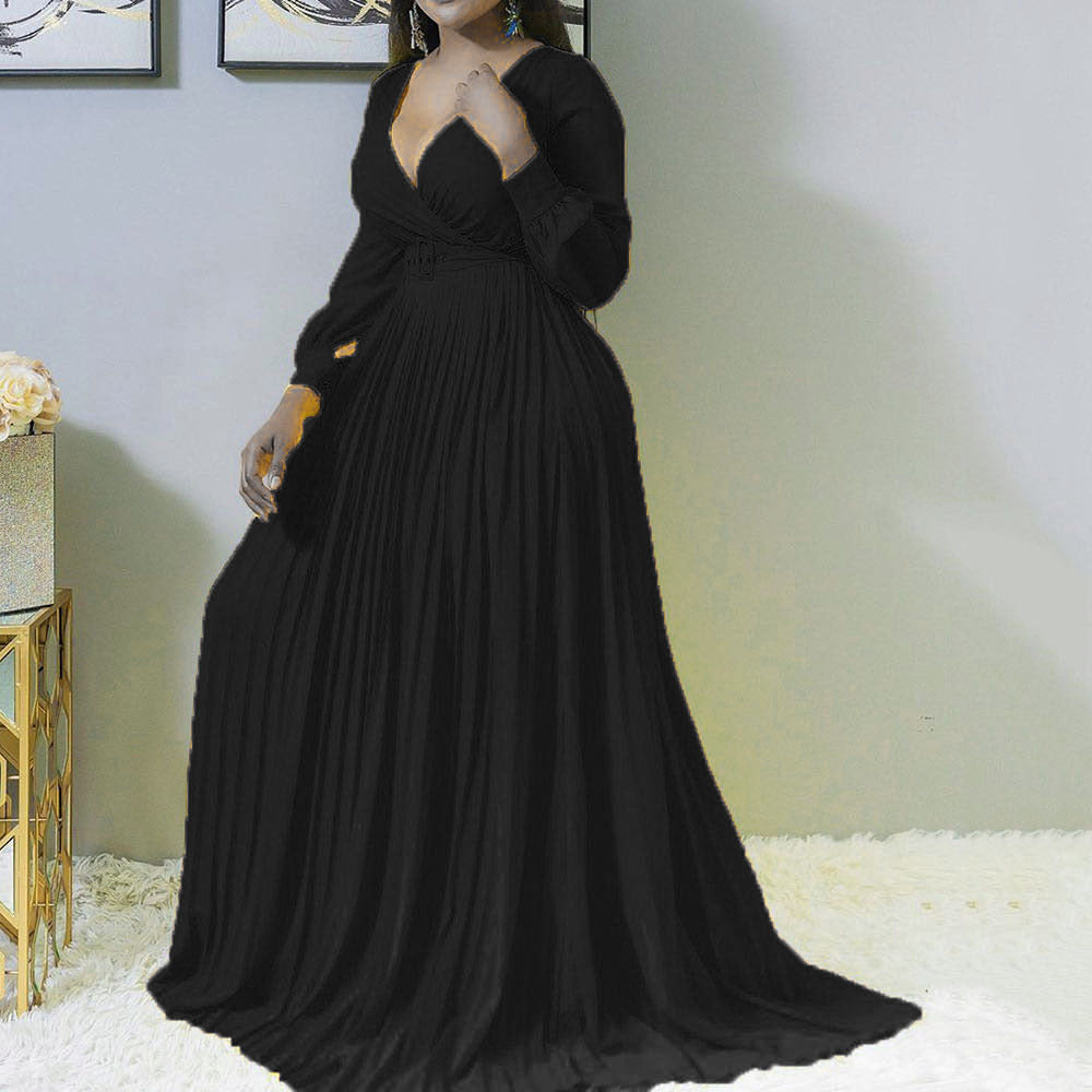 Fashionable Deep v Neck Floor-Length Fall Dress for Women in Plus Sizes