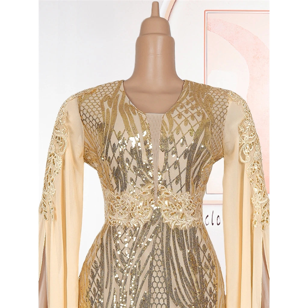 Women's Elegant V-Neck Cape Sleeve Sequin Dress in Plus Sizes
