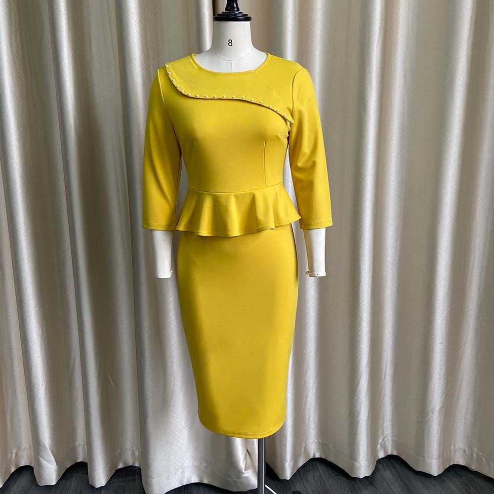 Nail Beading Pencil Solid Color Slim Career Dress for Women