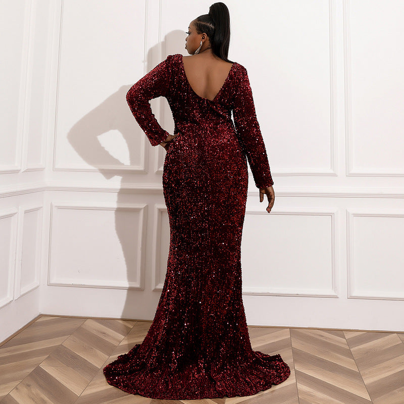 Sparkle Backless High Slit Long Sleeves Evening w/ Sequin Dress for Women