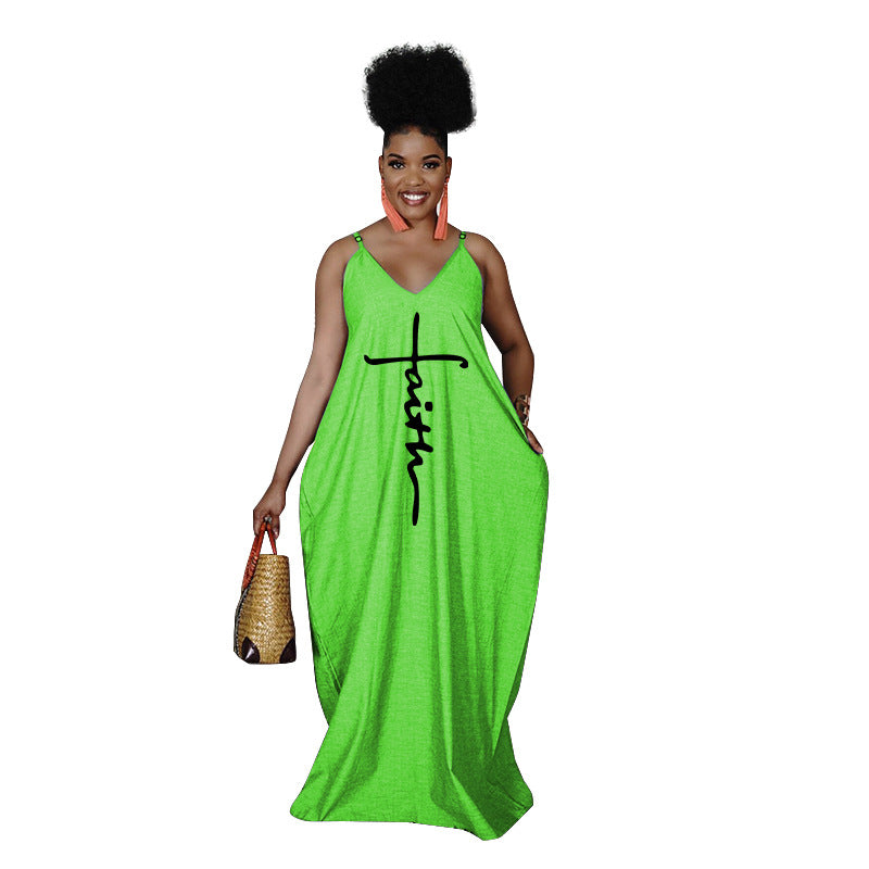 Summer Loose Faith Long Pocket Adjustable Spaghetti Strap Maxi Sundress