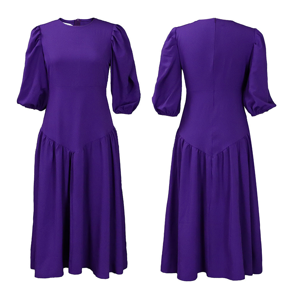 Long Puff Sleeve Pleat Casual Dresses Plus Size Fashion for Women