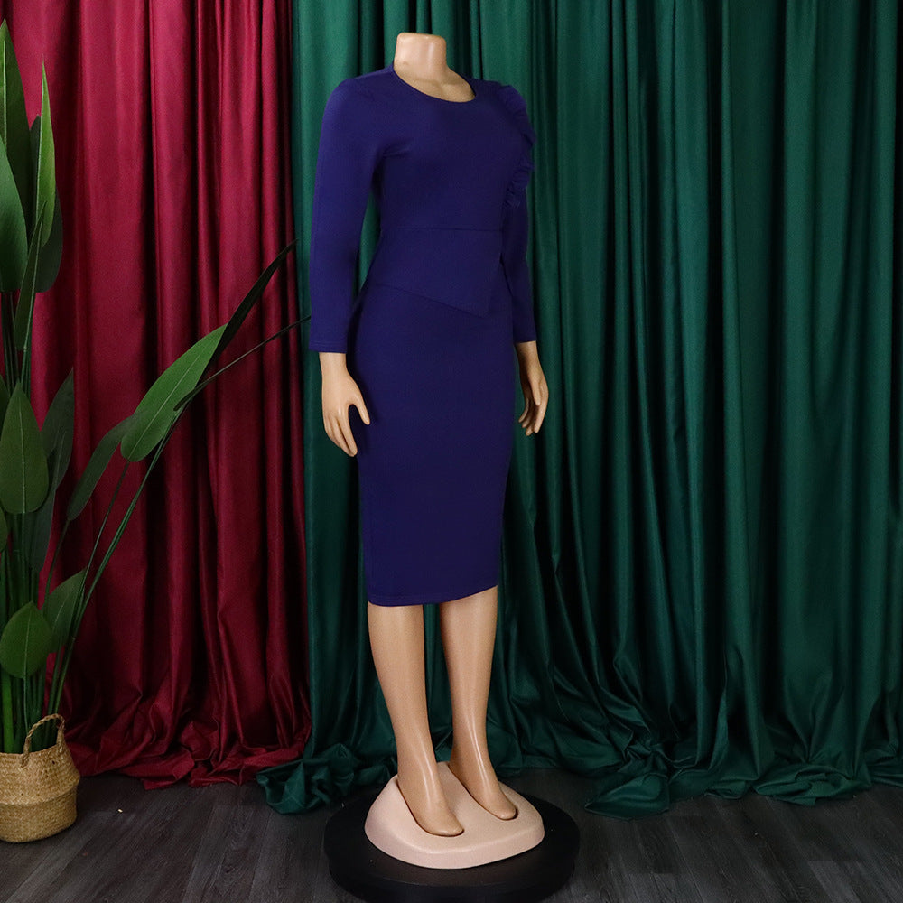 Women Slim Long Sleeve Ruched Office Dress