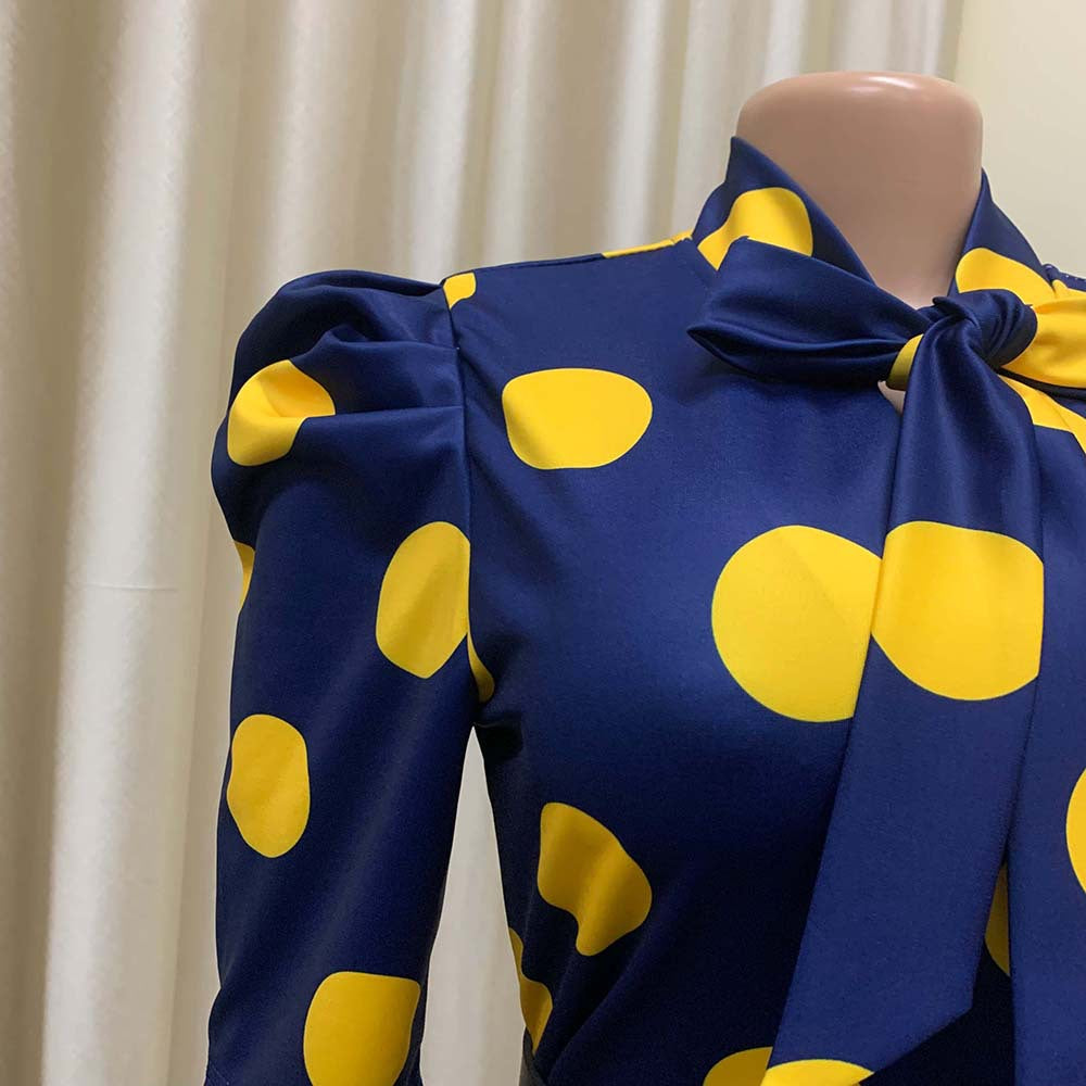 Women Bow Tie Polka Dot Puff Sleeve Office Dress in Plus Sizes