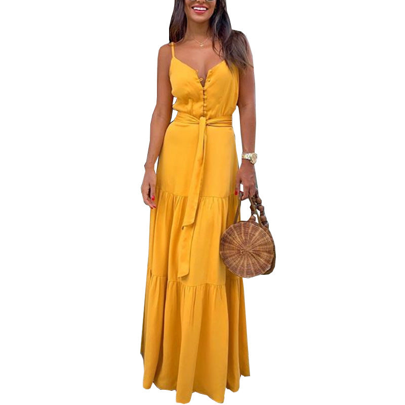 Summer Sleeveless Strapless Halter Button Up Solid Color Sundress