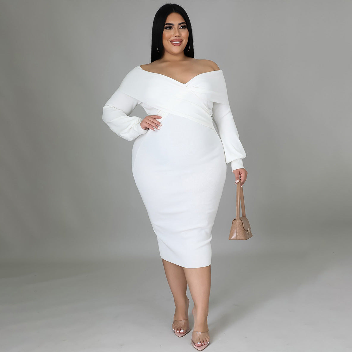 Women's Casual Dresses Off Shoulder Long Sleeve Midi Bodycon Dress