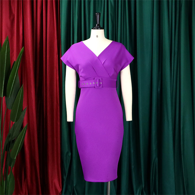 Elegant v Neck Belt Office Bodycon Cocktail Dress for Women