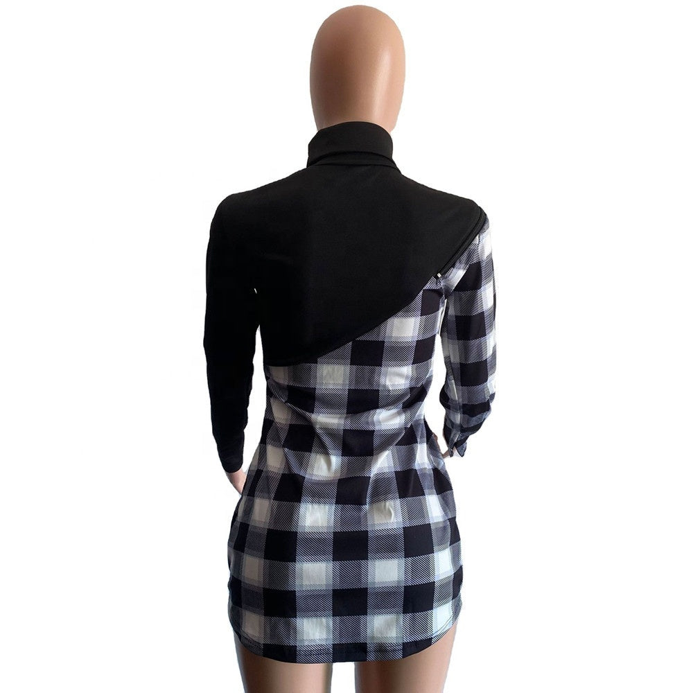 Plaid Turtleneck With Hole Zip Plus Size Women's T-Shirts
