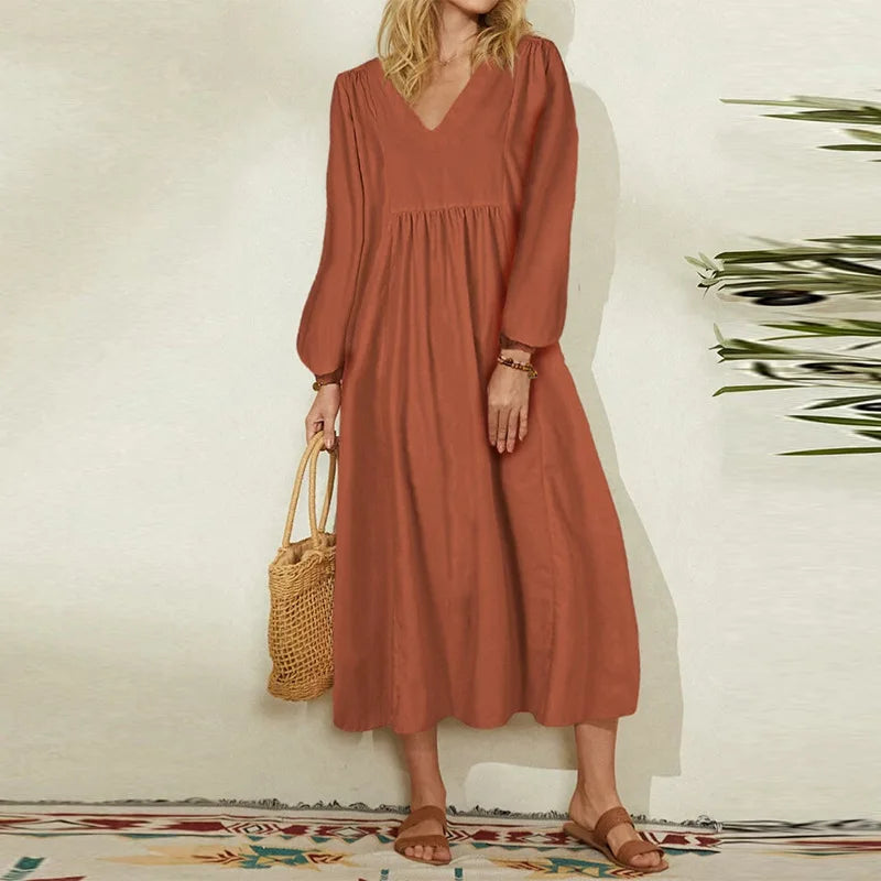Women Casual Cotton and Linen Loose Lantern Sleeve Dress