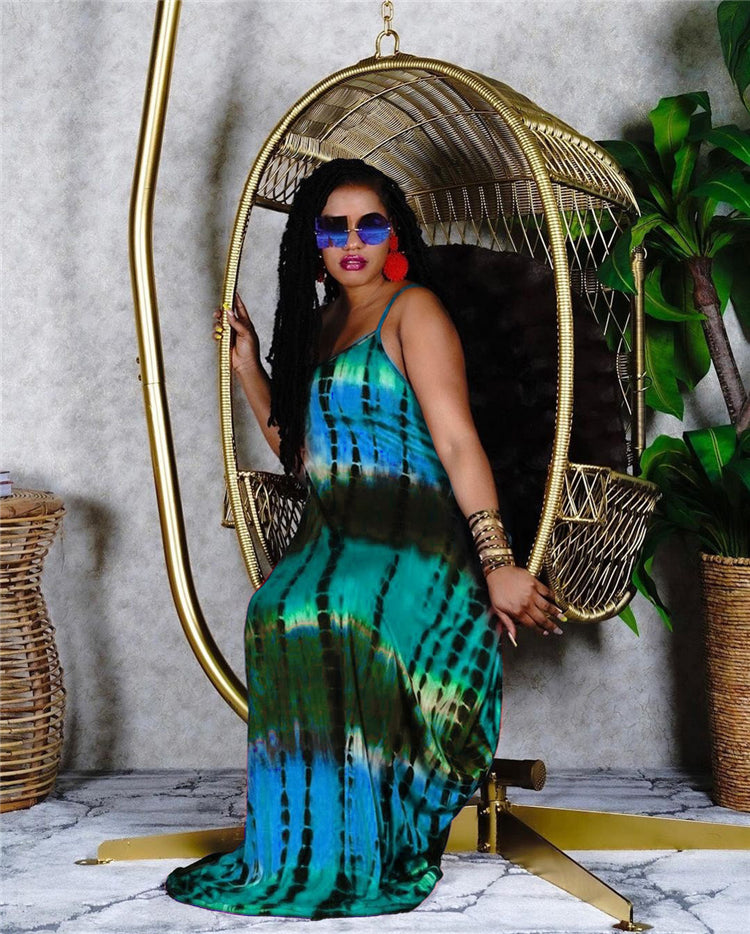 Women Tie Dye Printing Sleeveless Maxi Sundress