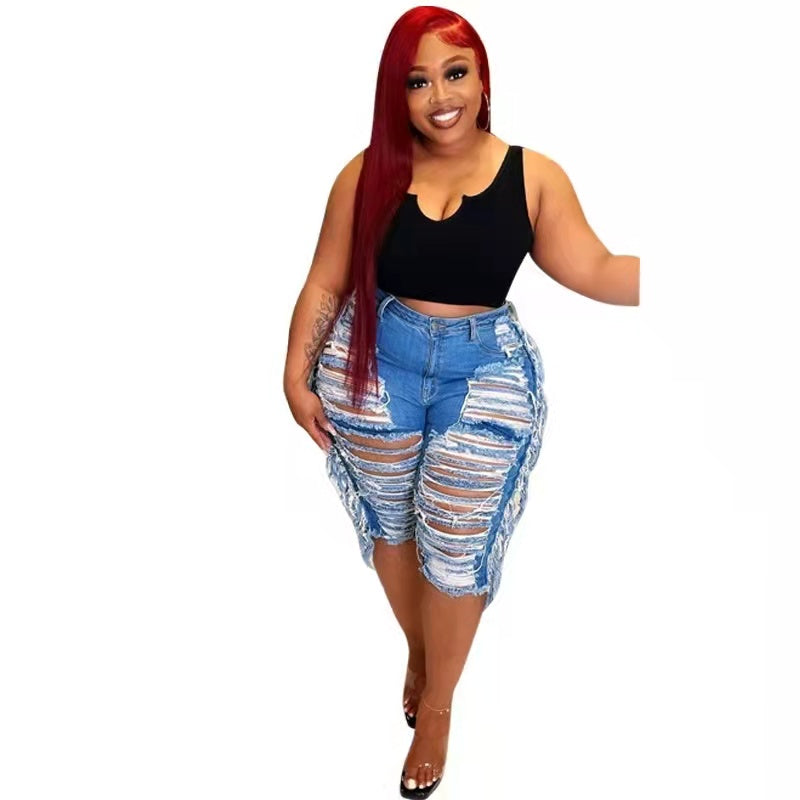 Plus Size Women Jean Shorts Chic Tassels Design Bermuda Shorts