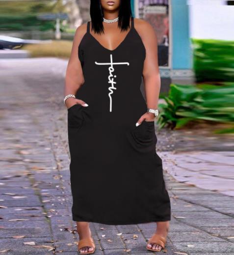 Loose Plus Size Faith Spaghetti Strap v Neck Dress With Pocket