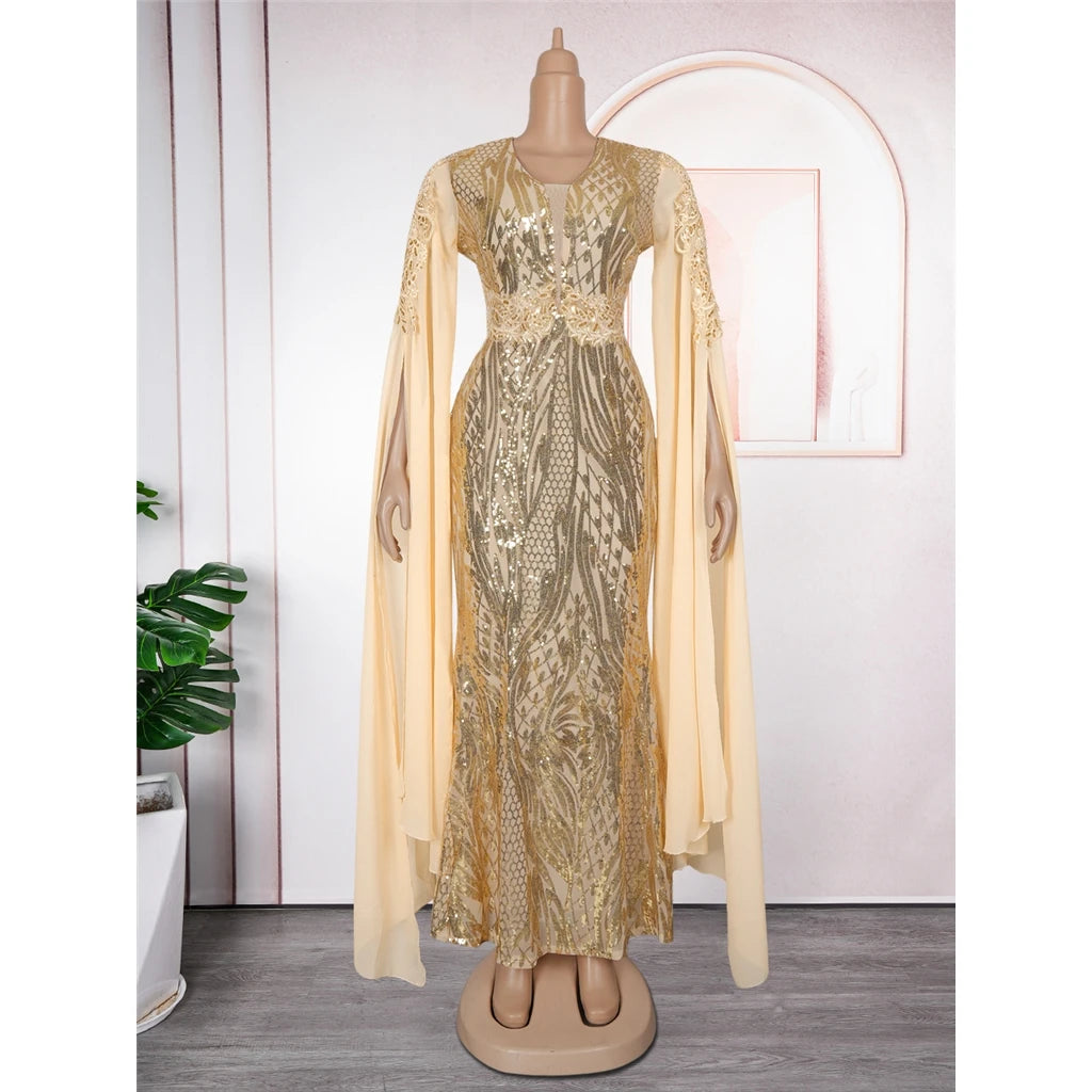 Women's Elegant V-Neck Cape Sleeve Sequin Dress in Plus Sizes