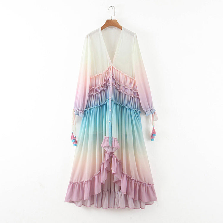 Gradient Color Spring Deep v Neck Women Dress