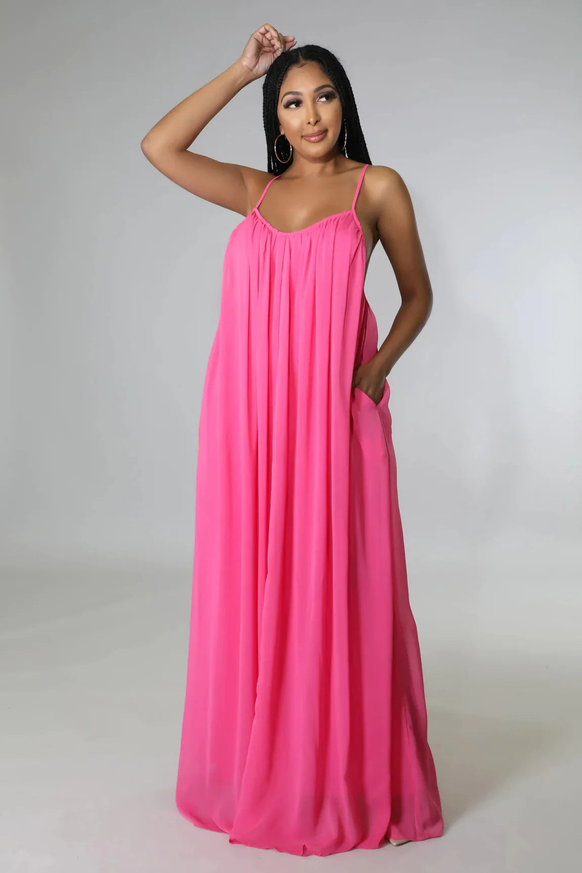 Women Casual Solid Color Backless Spaghetti Strap Long Chifon Dress