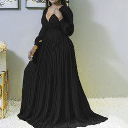Fashionable Deep v Neck Floor-Length Fall Dress for Women in Plus Sizes