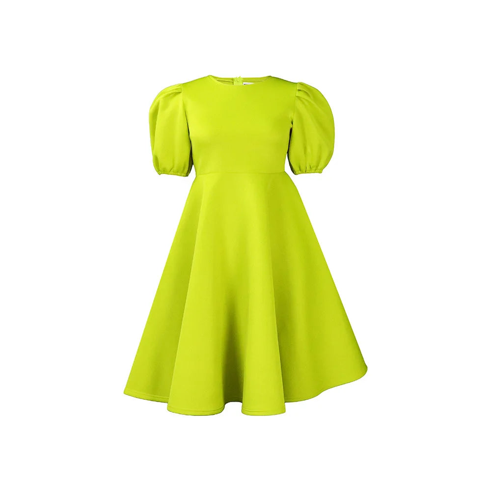 Trendy O-Neck Puff Sleeve High Waist Big Swing A-Line Women Dress in Plus Sizes