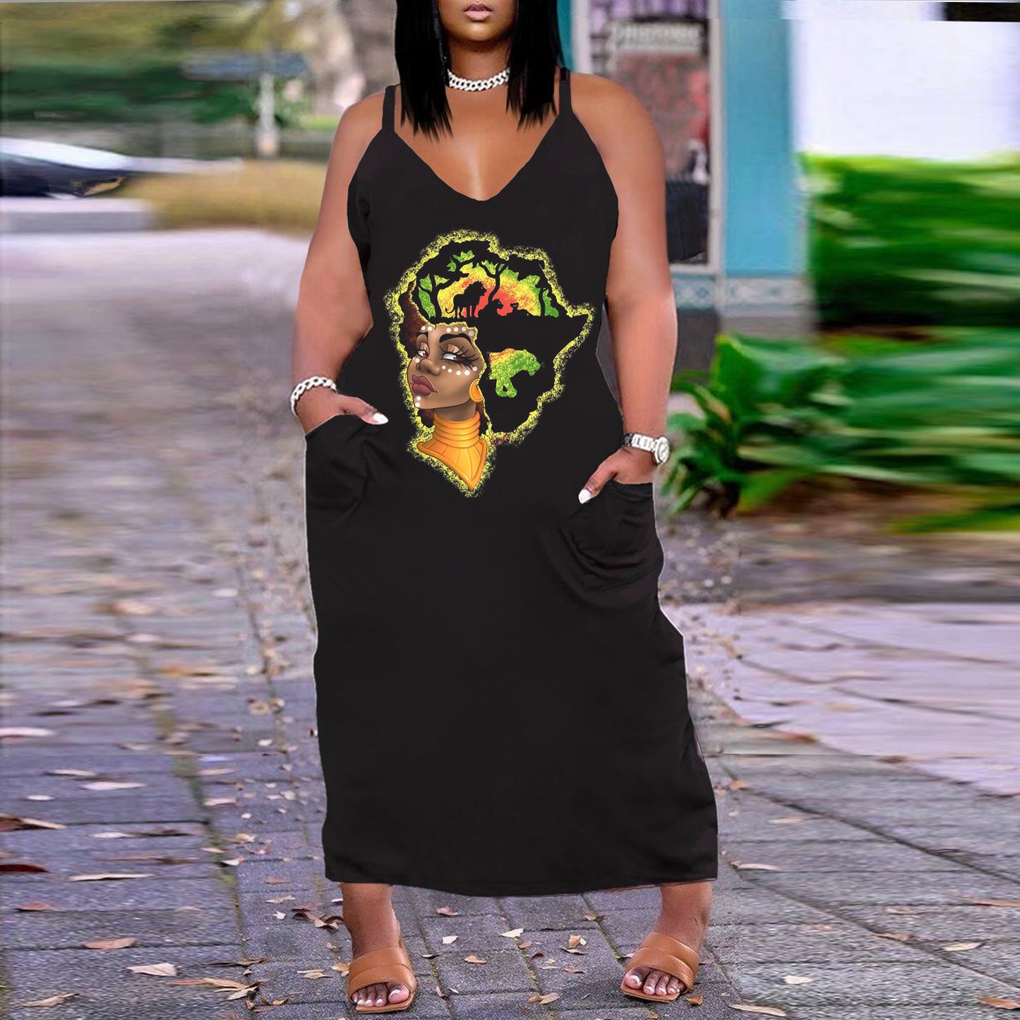 Loose Plus Size Faith Spaghetti Strap v Neck Dress With Pocket