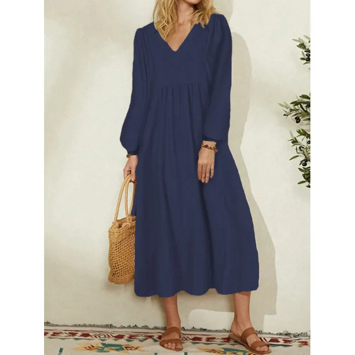 Women Casual Cotton and Linen Loose Lantern Sleeve Dress