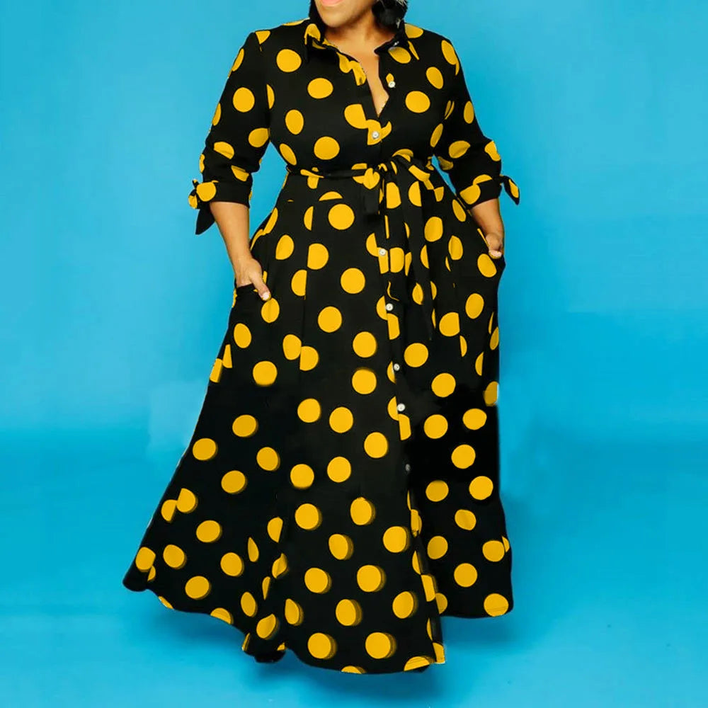 Women Vendor Long Sleeve Sexy Polka Dot Printed Plus Size Maxi Dress