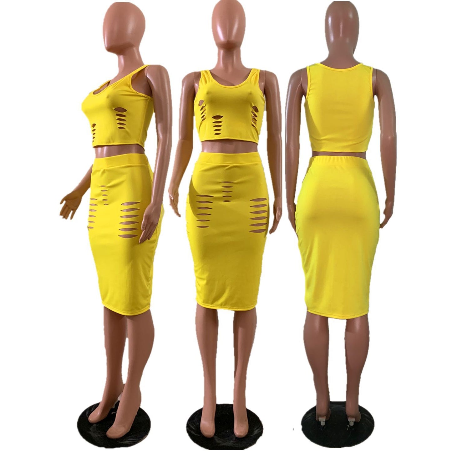 Fashion Solid Hole 2 Piece Women Summer Dress