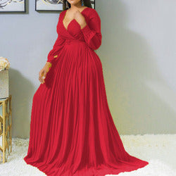 Fashionable Deep v Neck Floor-Length Fall Dress for Women in Plus Sizes