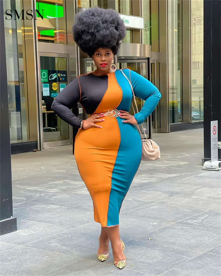 Patchwork Long Sleeve Plus Size Bodycon Dress for Women