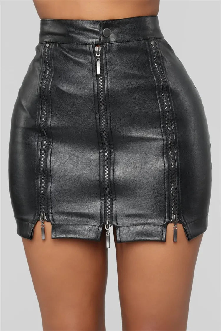 Women Pu Leather a Line Skirt Three Full Zip Pocketed