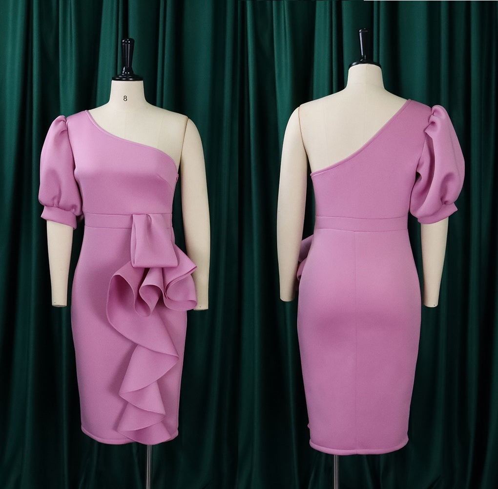 Women Elegant Ruffle Cocktail One Shoulder Puff Sleeve Dress