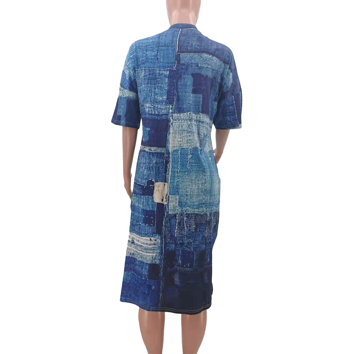 Short Sleeve v Neck Loose Print Women Mini Dress