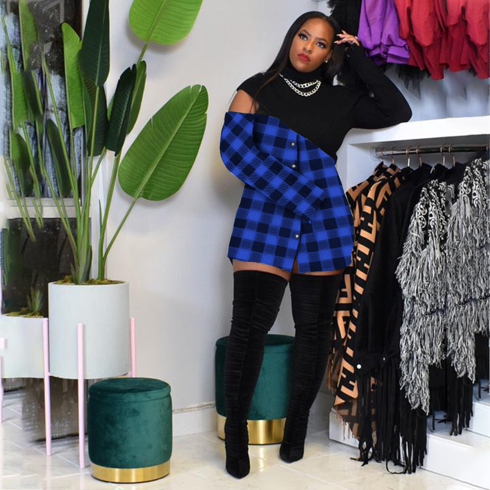 Plaid Turtleneck With Hole Zip Plus Size Women's T-Shirts