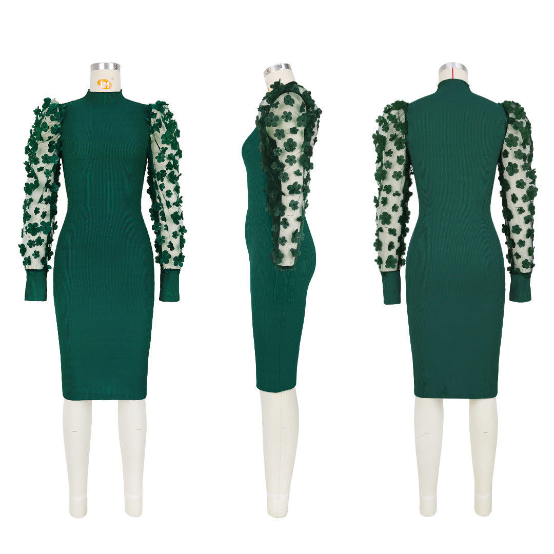 Women Mesh Sleeve Bodycon Knitted Dress