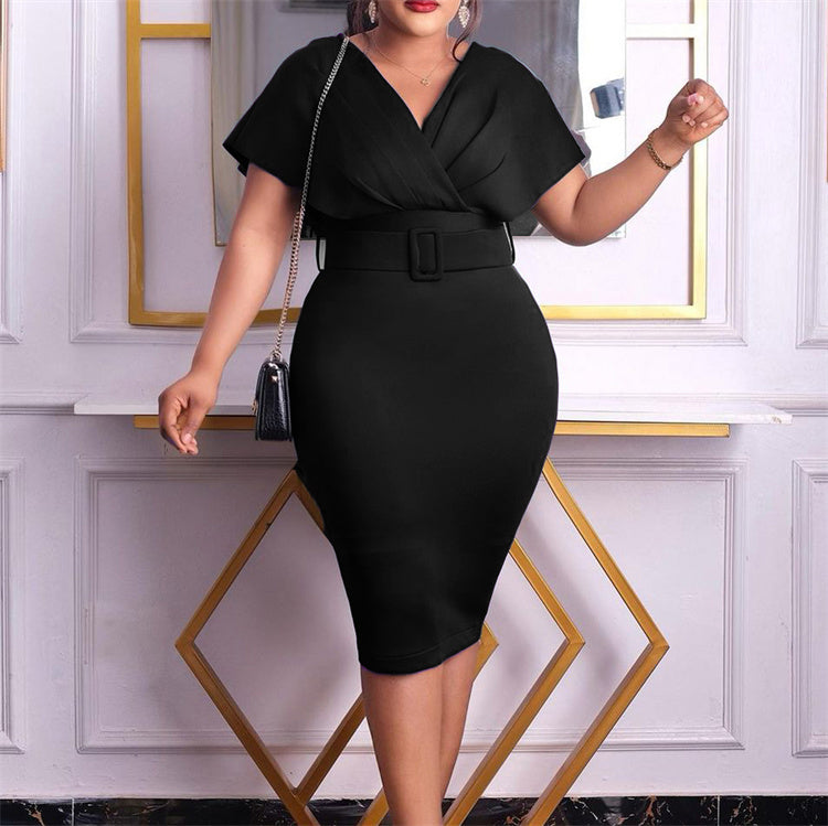 Elegant v Neck Belt Office Bodycon Cocktail Dress for Women