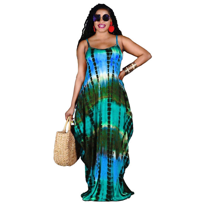 Women Tie Dye Printing Sleeveless Maxi Sundress