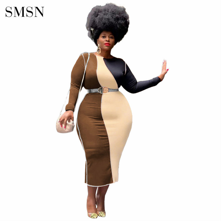 Patchwork Long Sleeve Plus Size Bodycon Dress for Women