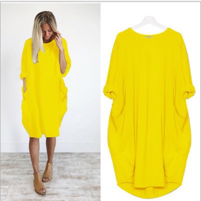 Loose Oversized Womens Baggy Pockets Knee Length Dress