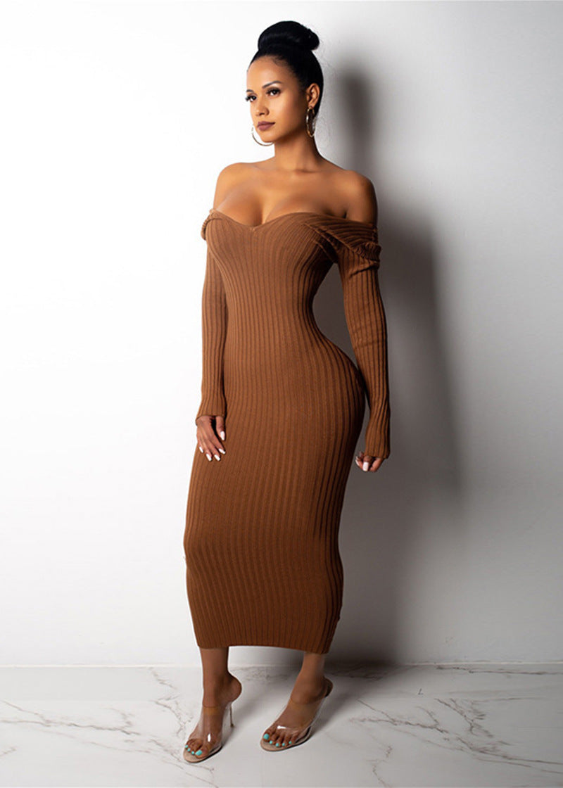Women Long Sleeve Off Shoulder Knitted Sweater Dress