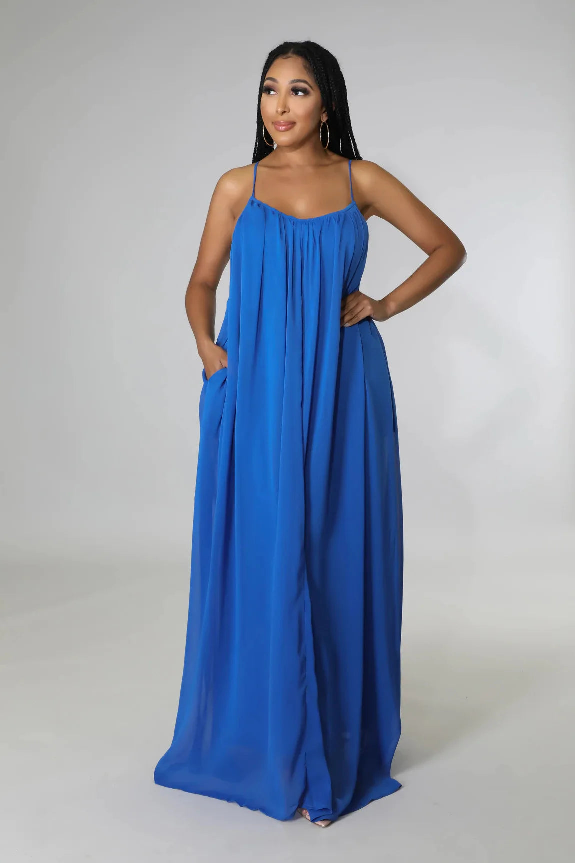 Women Casual Solid Color Backless Spaghetti Strap Long Chifon Dress
