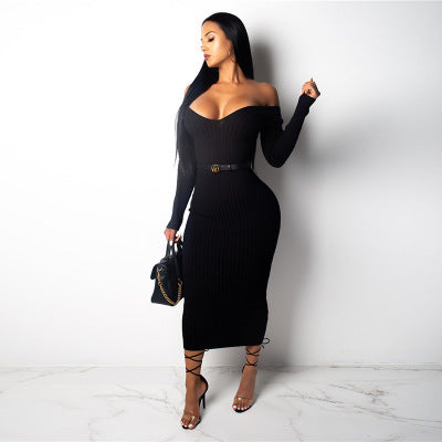 Women Long Sleeve Off Shoulder Knitted Sweater Dress