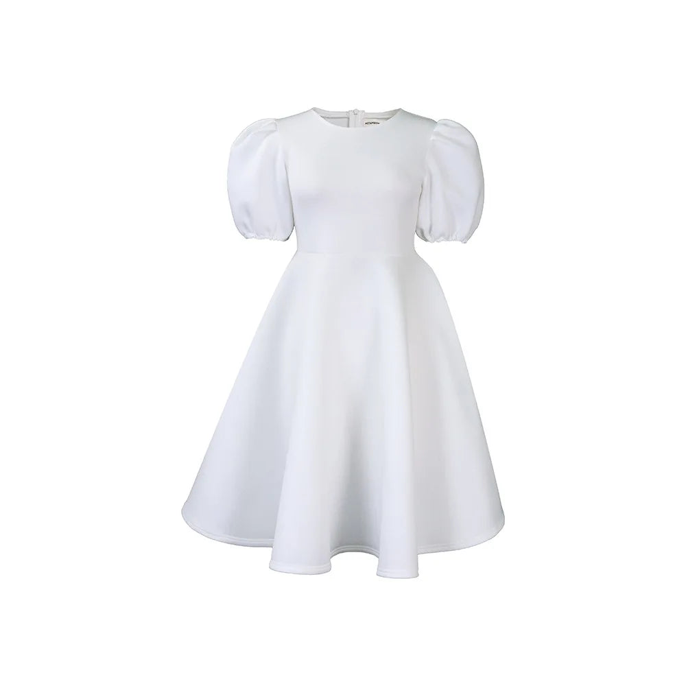 Trendy O-Neck Puff Sleeve High Waist Big Swing A-Line Women Dress in Plus Sizes
