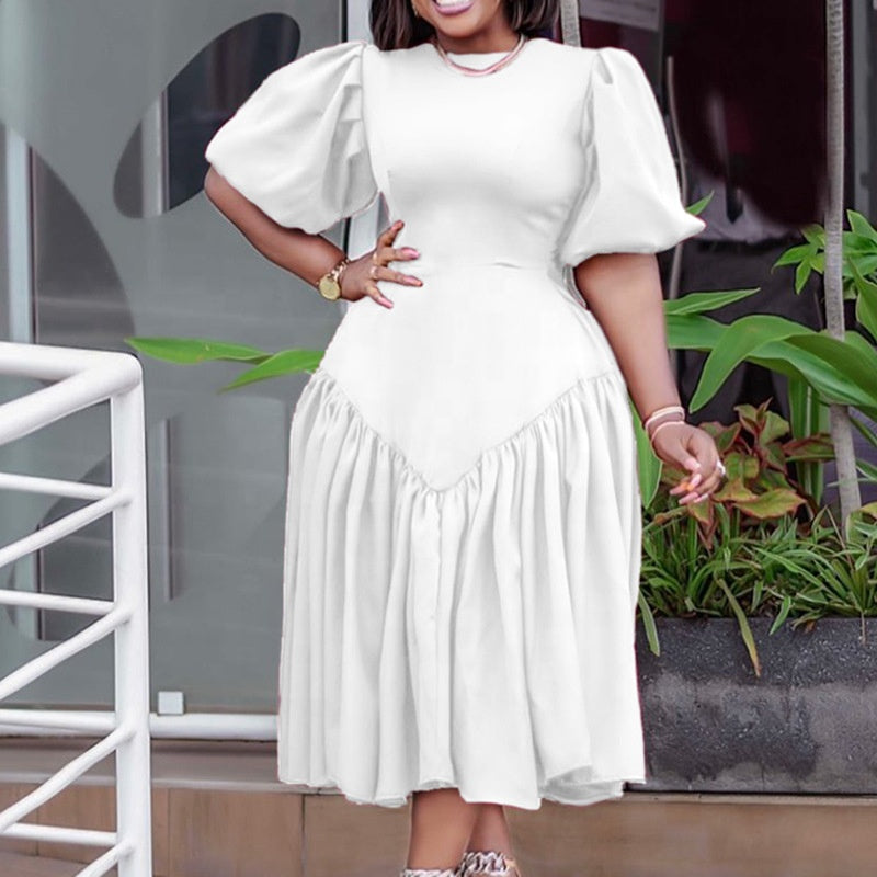 Long Puff Sleeve Pleat Casual Dresses Plus Size Fashion for Women