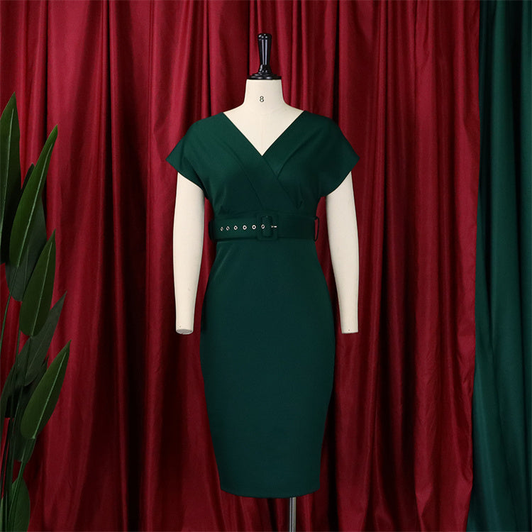 Elegant v Neck Belt Office Bodycon Cocktail Dress for Women