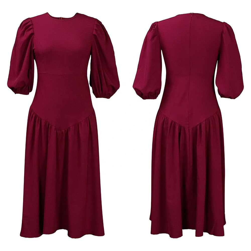 Long Puff Sleeve Pleat Casual Dresses Plus Size Fashion for Women