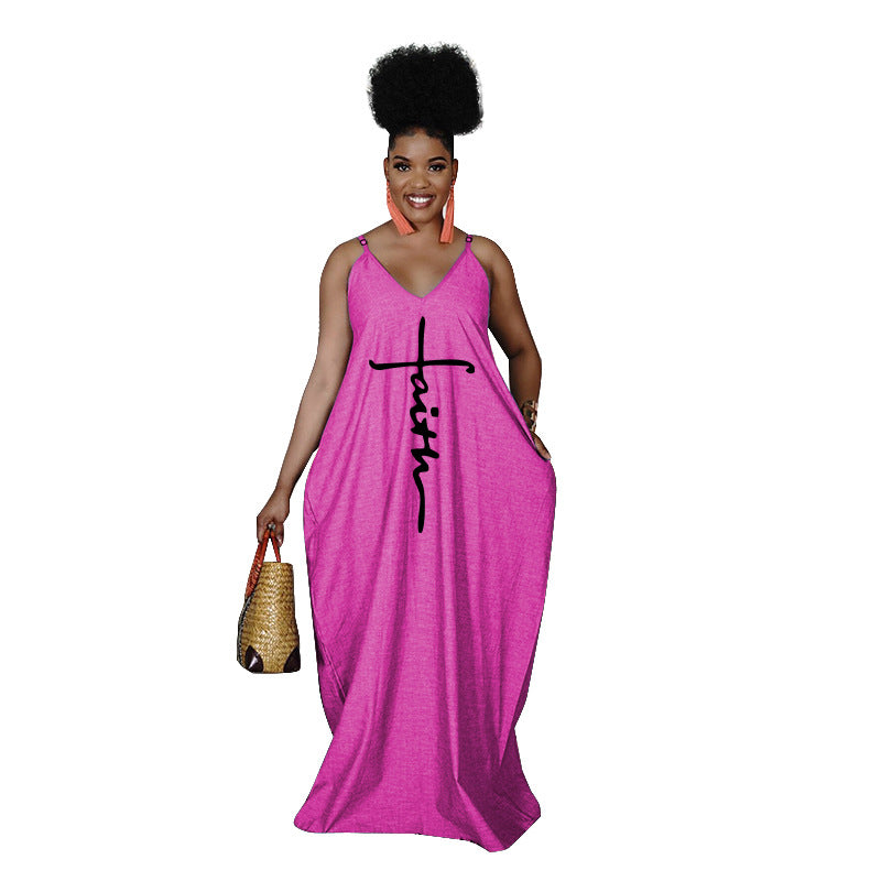 Summer Loose Faith Long Pocket Adjustable Spaghetti Strap Maxi Sundress
