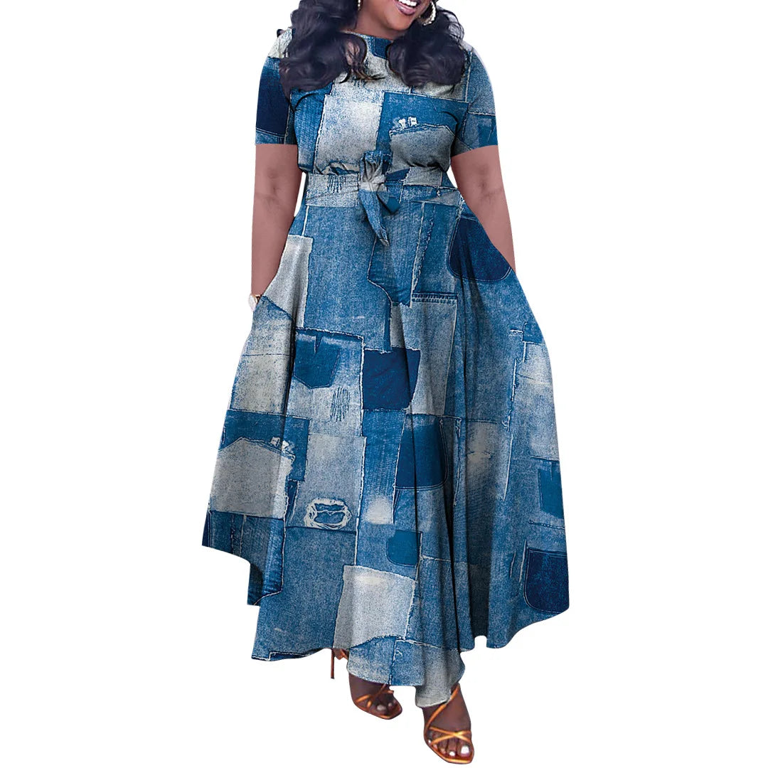 Women Casual Short Sleeve Lace Up Long Dress