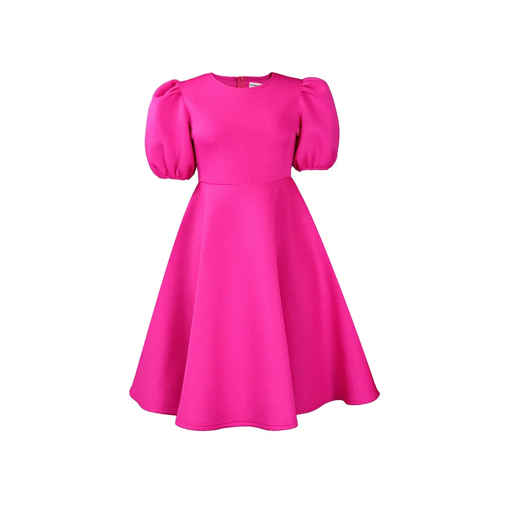 Trendy O-Neck Puff Sleeve High Waist Big Swing A-Line Women Dress in Plus Sizes