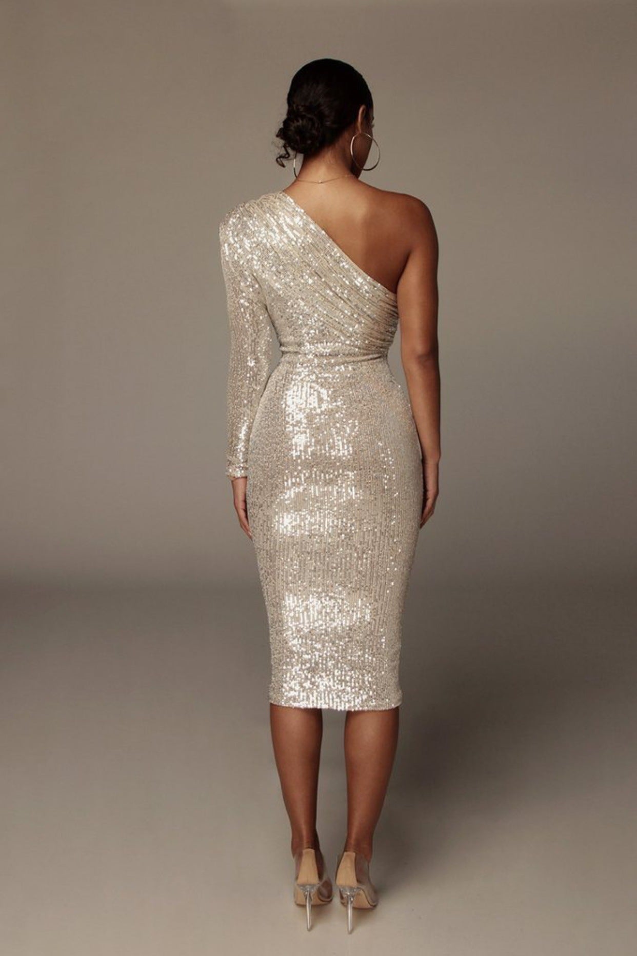 Elegant Women Evening Gown One Shoulder Midi Sequin Dresses