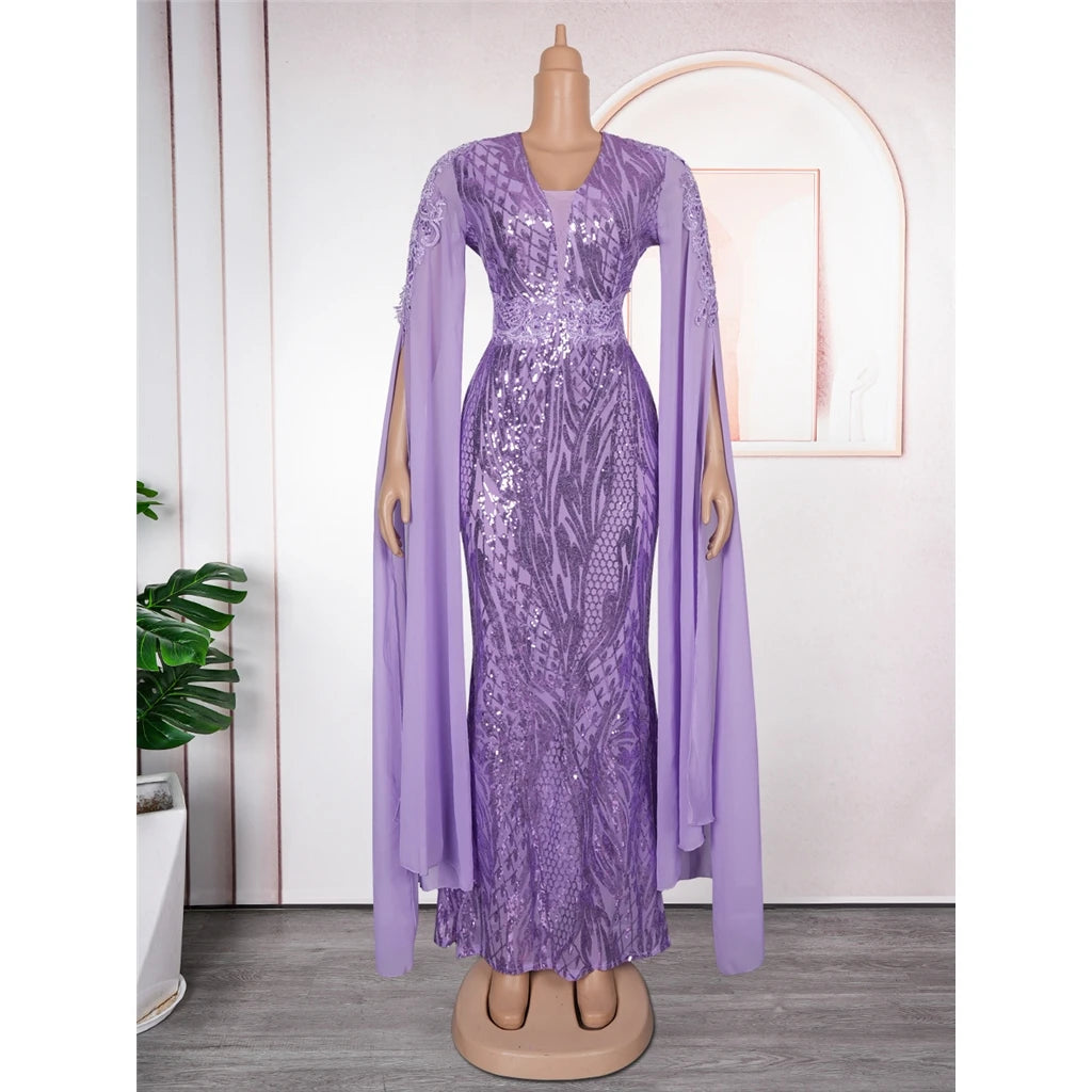 Women's Elegant V-Neck Cape Sleeve Sequin Dress in Plus Sizes