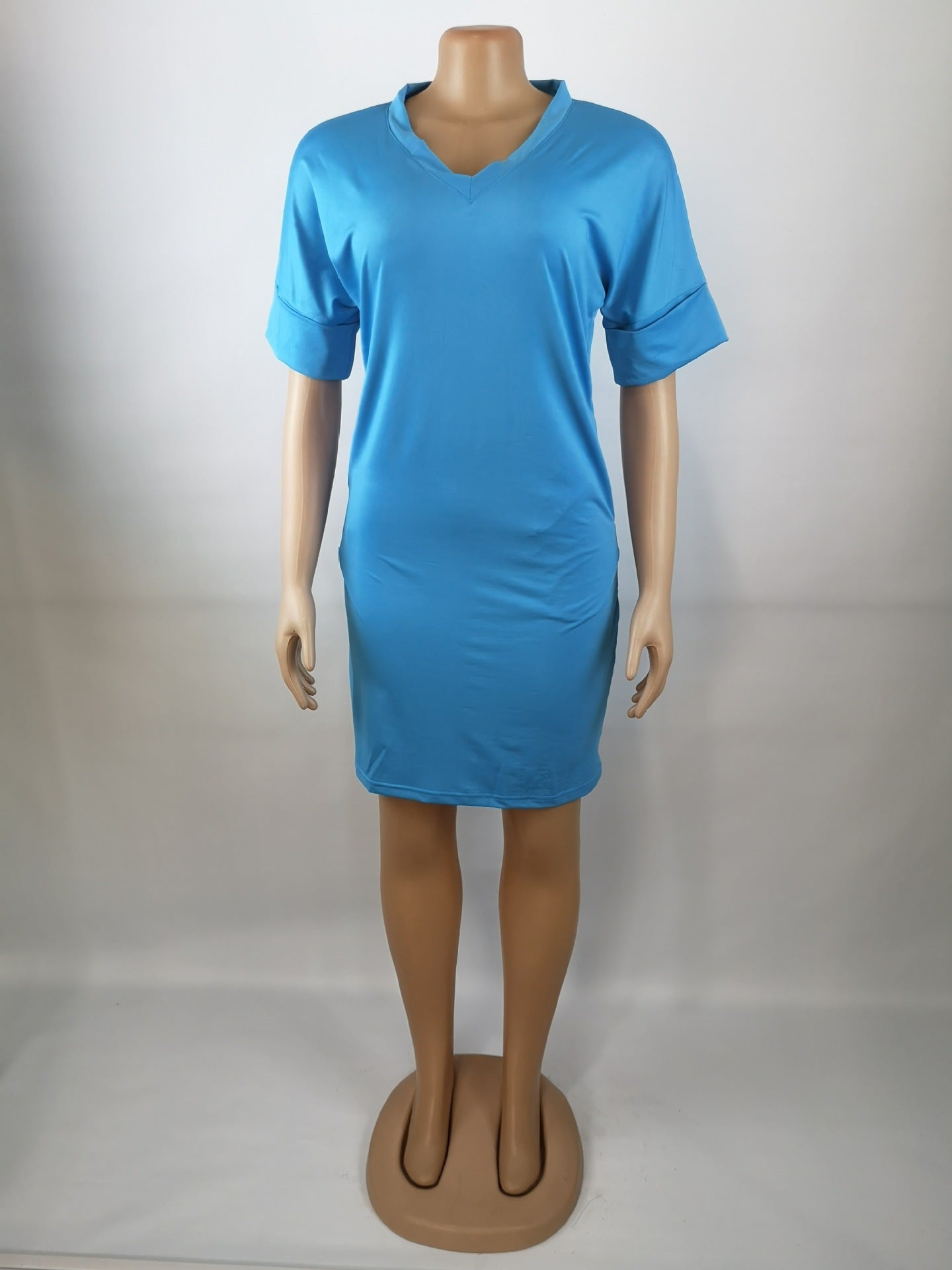 Women Summer v Neck Solid Short Sleeve Knee-Length Dress