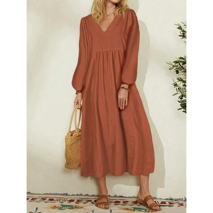 Women Casual Cotton and Linen Loose Lantern Sleeve Dress
